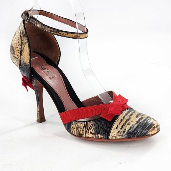 ALAIA Snake Print Leather Ankle Strap Heels With Red Bows - Picture 7 of 13